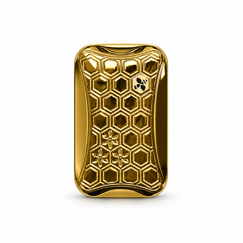 Golden BeeHive magnetic fidget slider with an open honeycomb design, front view.